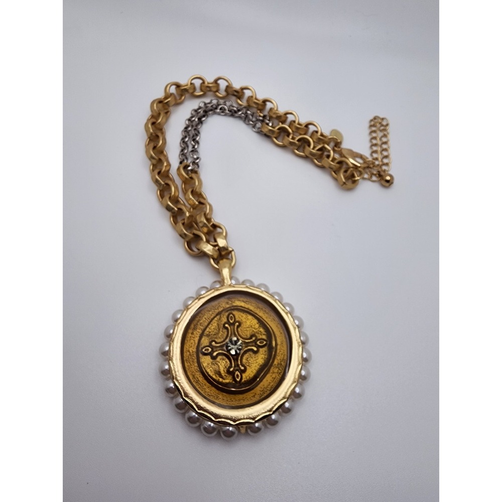 Chico's Gold & Silver Tone Faux Pearl Medallion Cross Pendant Statement Necklace - Picture 2 of 10